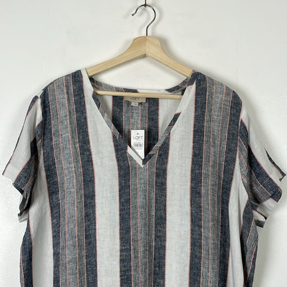 Loft Outlet Linen Blend Short Sleeve V Neck Striped Pullover Women L Shirt Dress - Picture 3 of 9